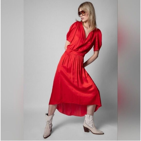 NWOT Zadig & Voltaire Ridge Satin Red Maxi Asymmetrical Dress Puff sz S - Picture 2 of 10